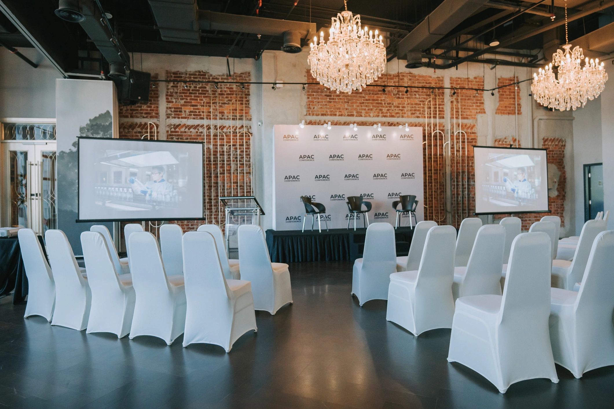 Corporate event stage and seating setup